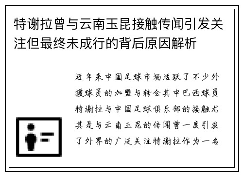 特谢拉曾与云南玉昆接触传闻引发关注但最终未成行的背后原因解析