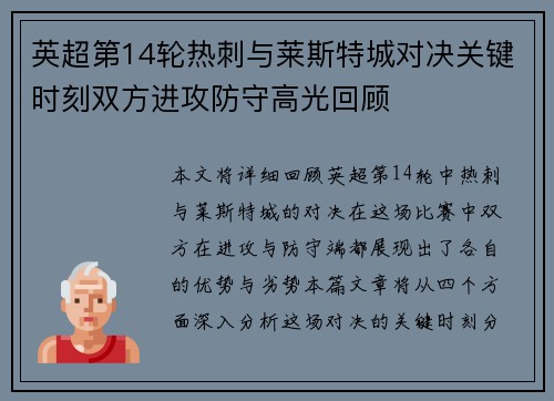 英超第14轮热刺与莱斯特城对决关键时刻双方进攻防守高光回顾